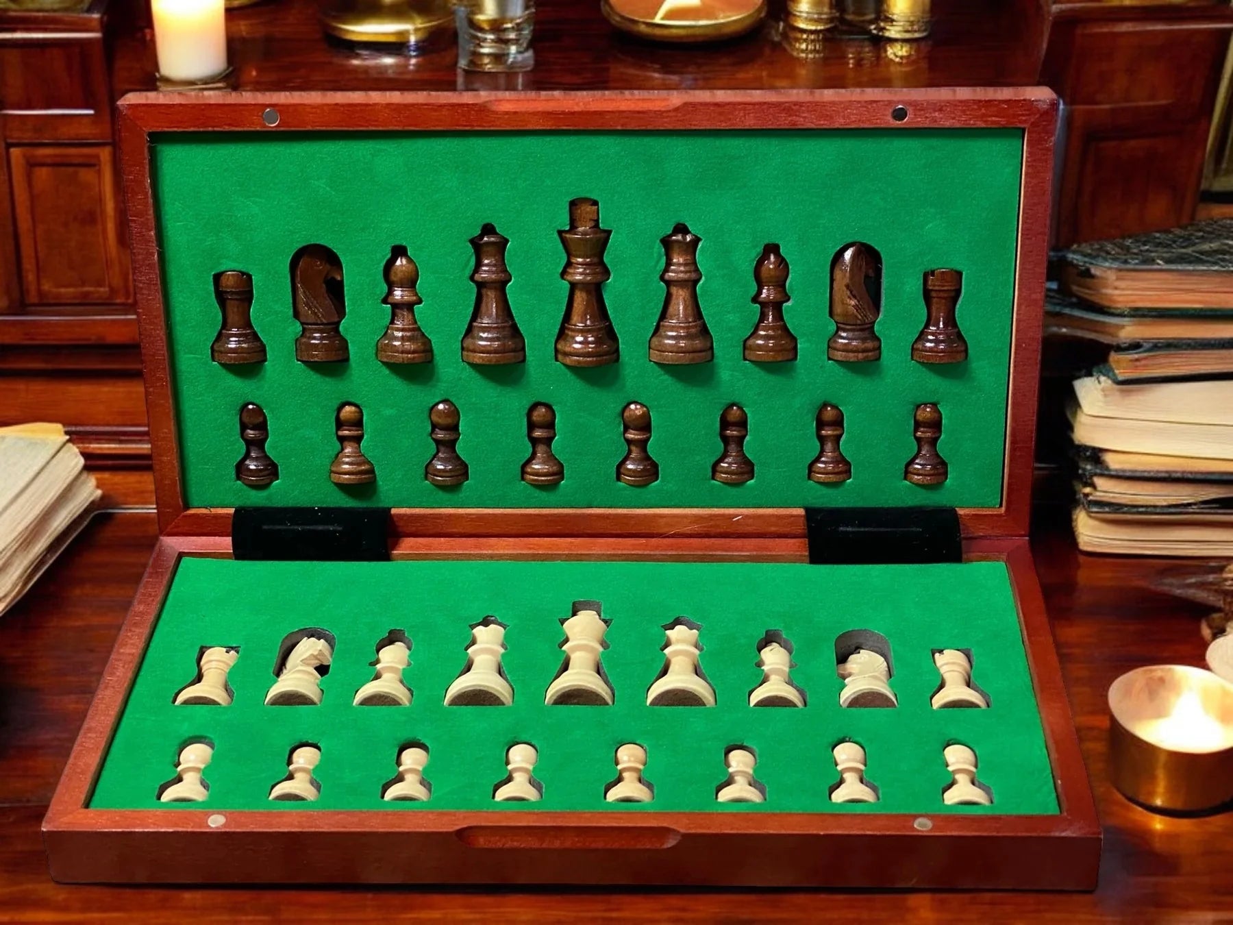 13 Inch Magnetic Mahogany Folding Chess Set