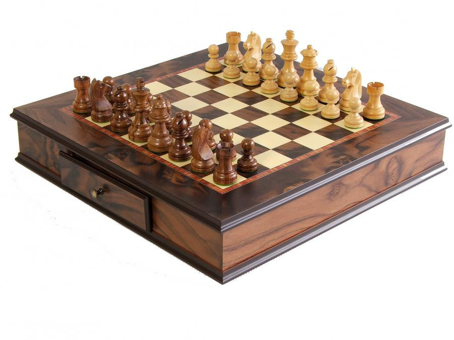 Italian Walnut Drawer Cabinet and Acacia Staunton Chessmen - Official Staunton™ 