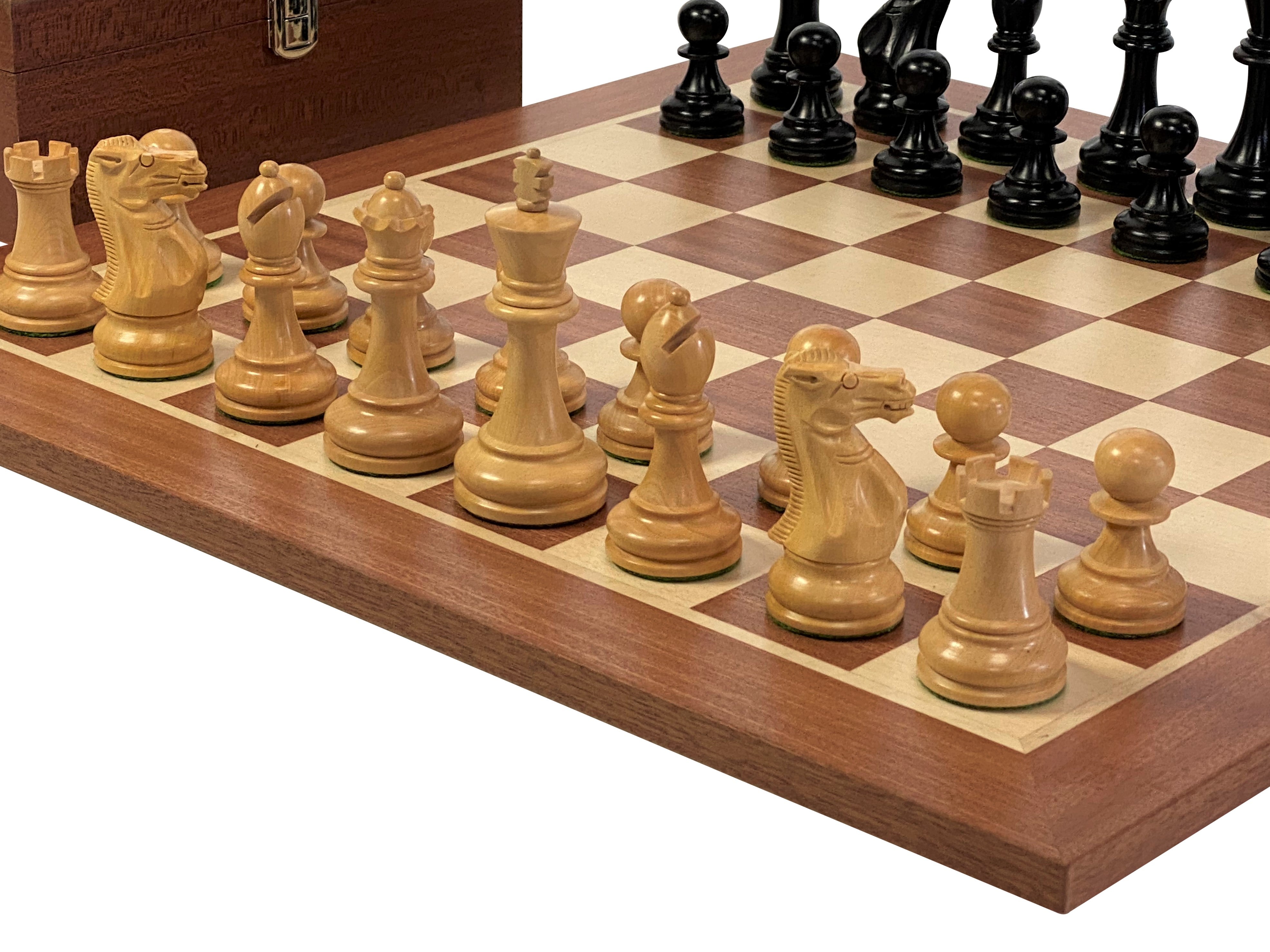 Stallion Black Chess Pieces, Mahogany Chess Board & Mahogany Box - Official Staunton™ 