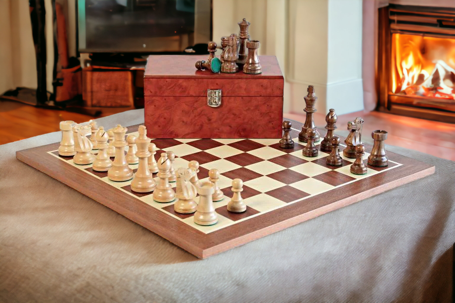 British Acacia Mahogany Chess Set & Burl Root Box - Official Staunton™ 