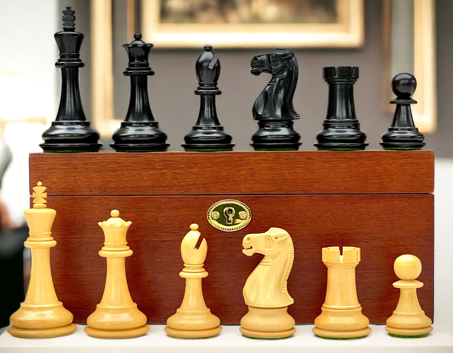 Old English Black Chess Pieces & Mahogany Box - Official Staunton™ 